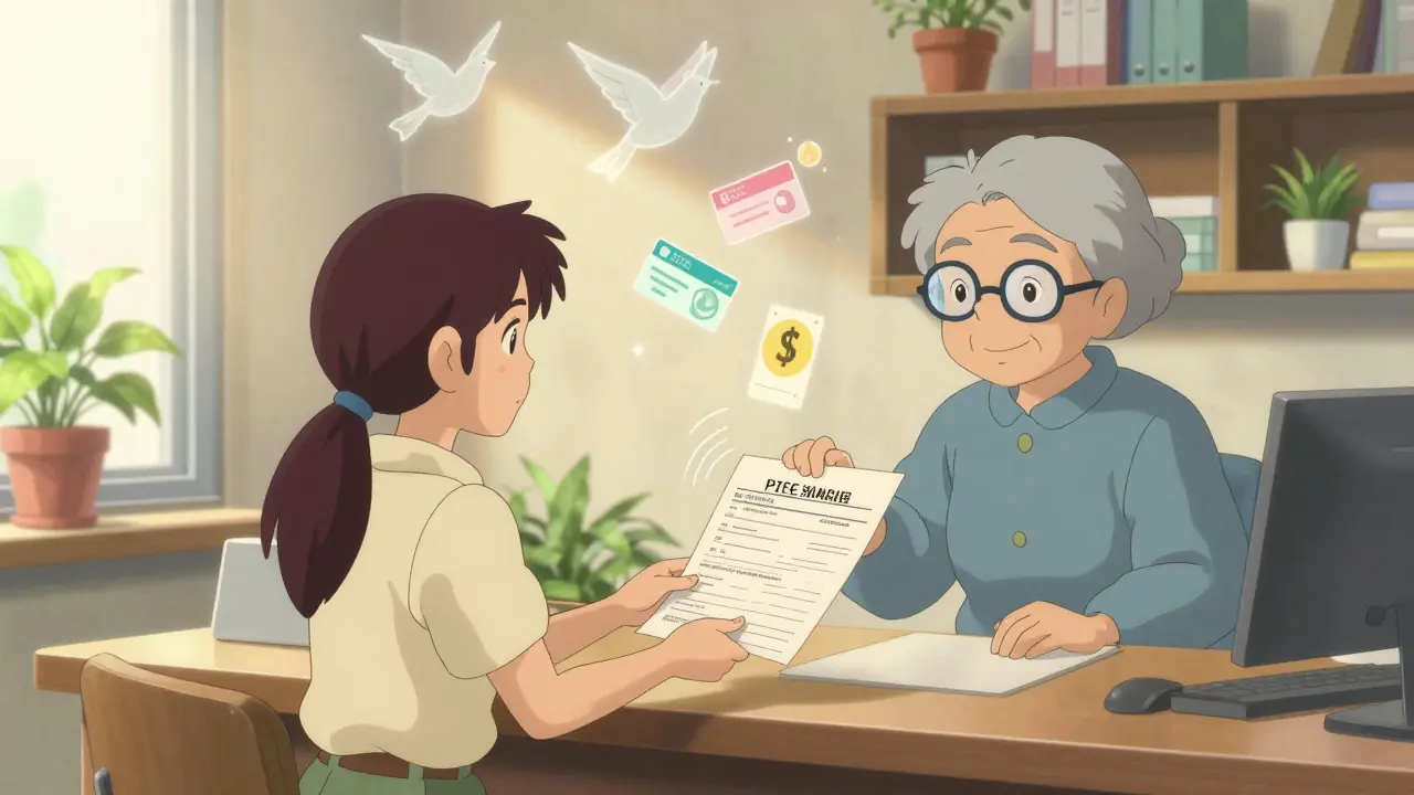 Une femme remet un formulaire d'aide à une réceptionniste bienveillante dans une clinique lumineuse, des oiseaux de papier flottent autour.