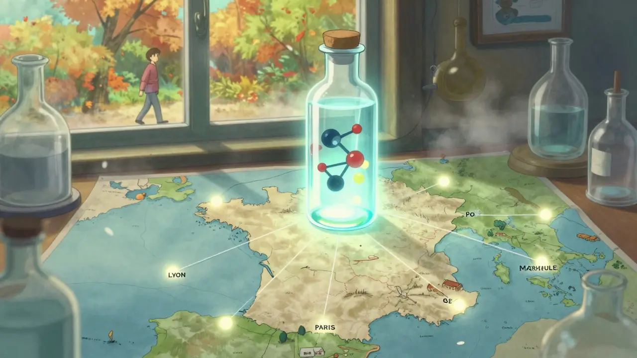 Une fiole médicamenteuse flottante relie par des fils lumineux cinq villes françaises sur une carte douce et stylisée.