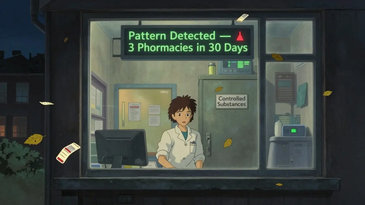 Une pharmacie la nuit, avec une alerte numérique silencieuse et des feuilles en forme d'ordonnances qui tombent doucement.