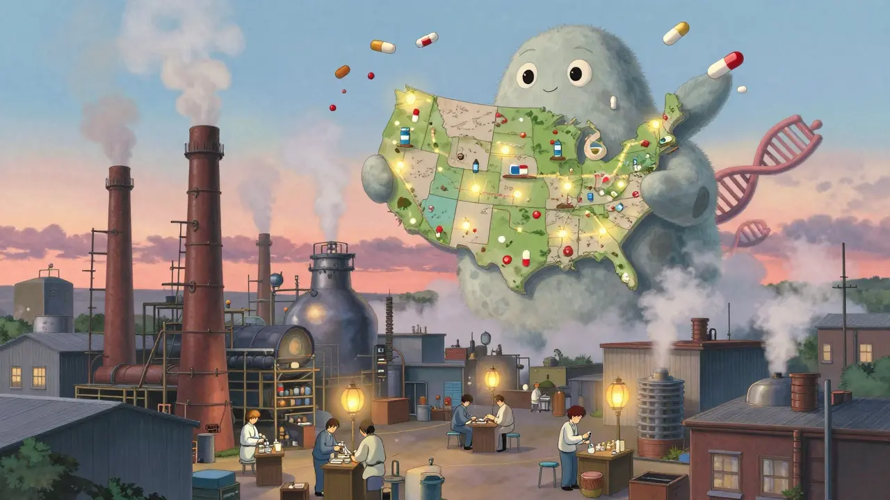 Usine américaine de génériques avec un esprit de pilules survolant une carte du pays, style Ghibli.