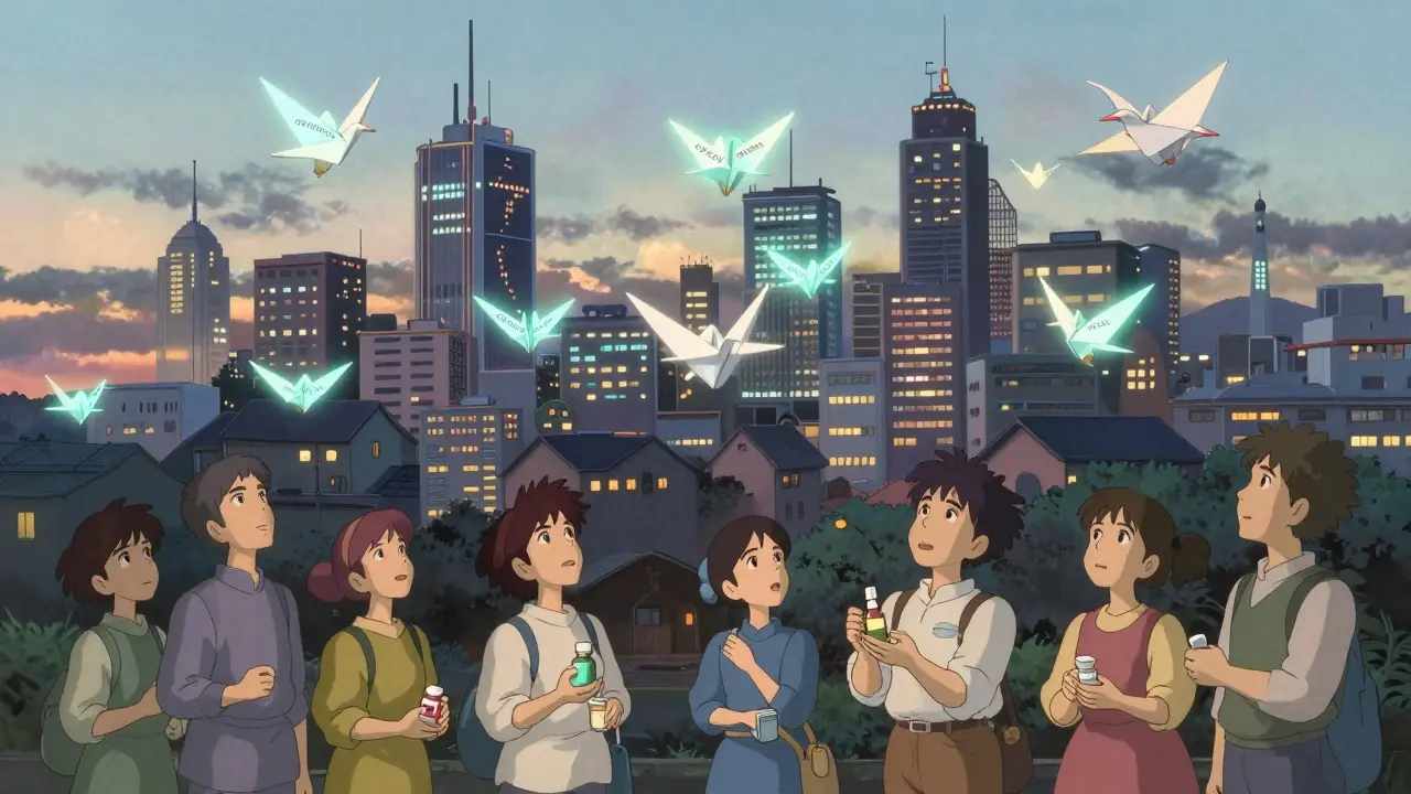 Ville paisible avec des grues en papier lumineuses portant des mots-clés de sécurité FDA, volant au-dessus de maisons et d'hôpitaux.