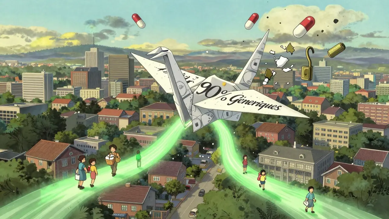 Vue aérienne d'une ville où des chemins verts représentent des économies de santé, un crane en étiquettes médicamenteuses vole vers le ciel.