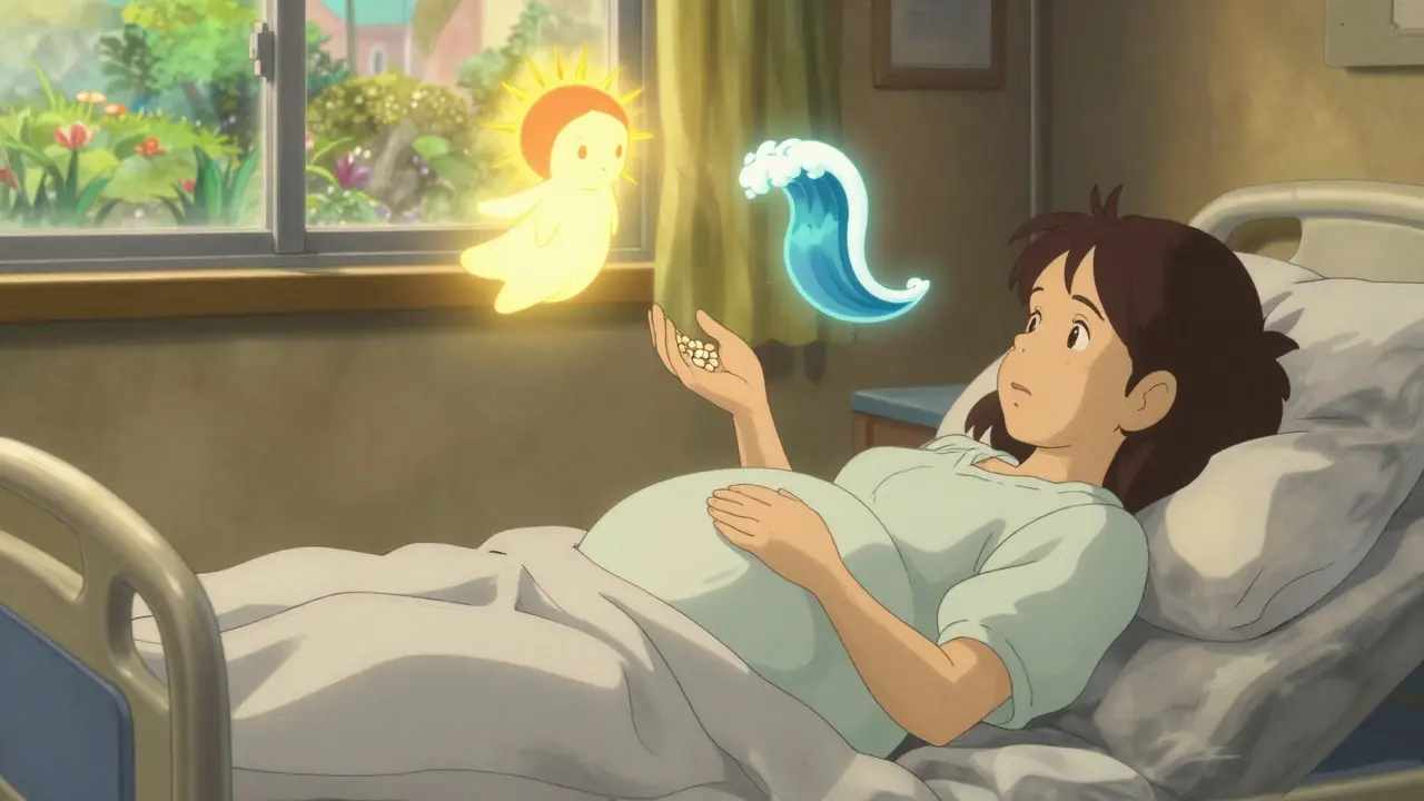 Femme enceinte dans un lit d'hôpital tenant Diclegis, accompagnée de deux esprits protecteurs en forme de soleil et d'onde apaisante.