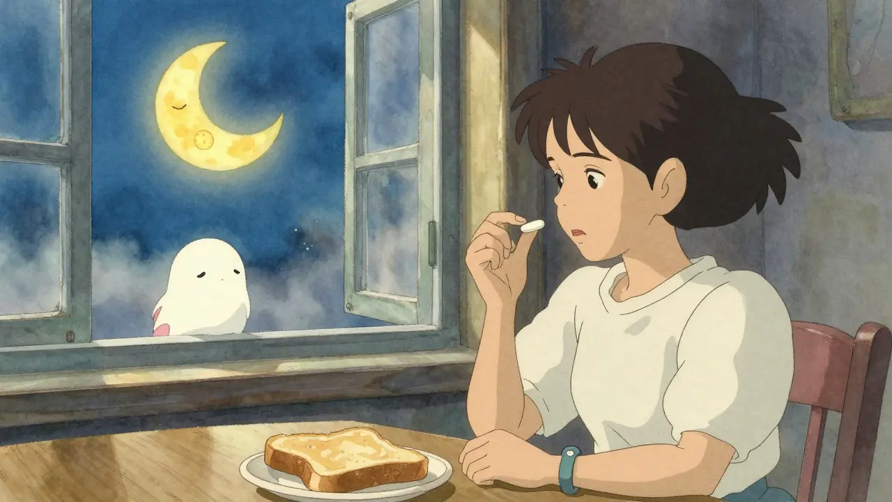 Femme enceinte prenant des comprimés de vitamine B6 et doxylamine près d'une fenêtre, avec un esprit en forme de lune endormie qui la protège.