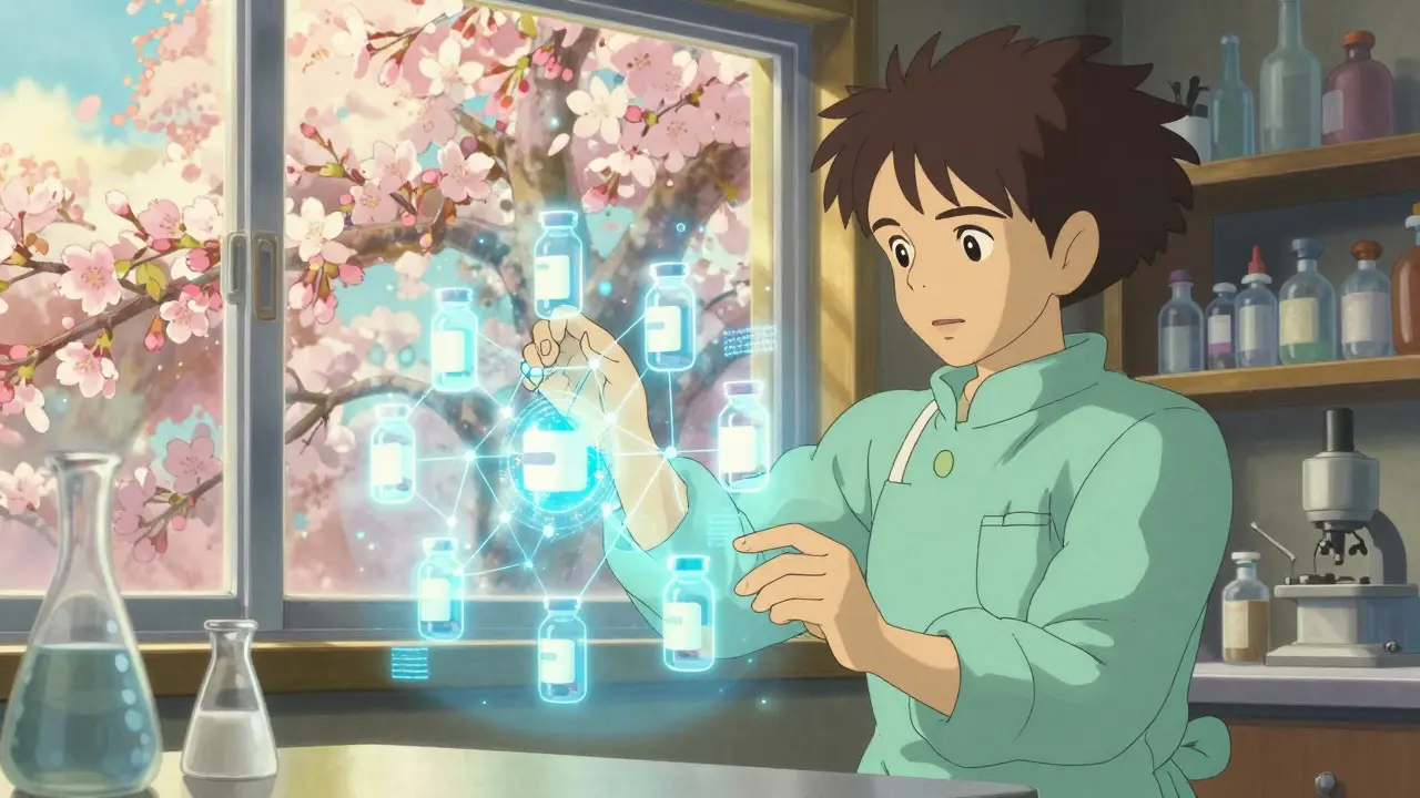 Pharmacien observant un hologramme blockchain pour médicaments dans un laboratoire.