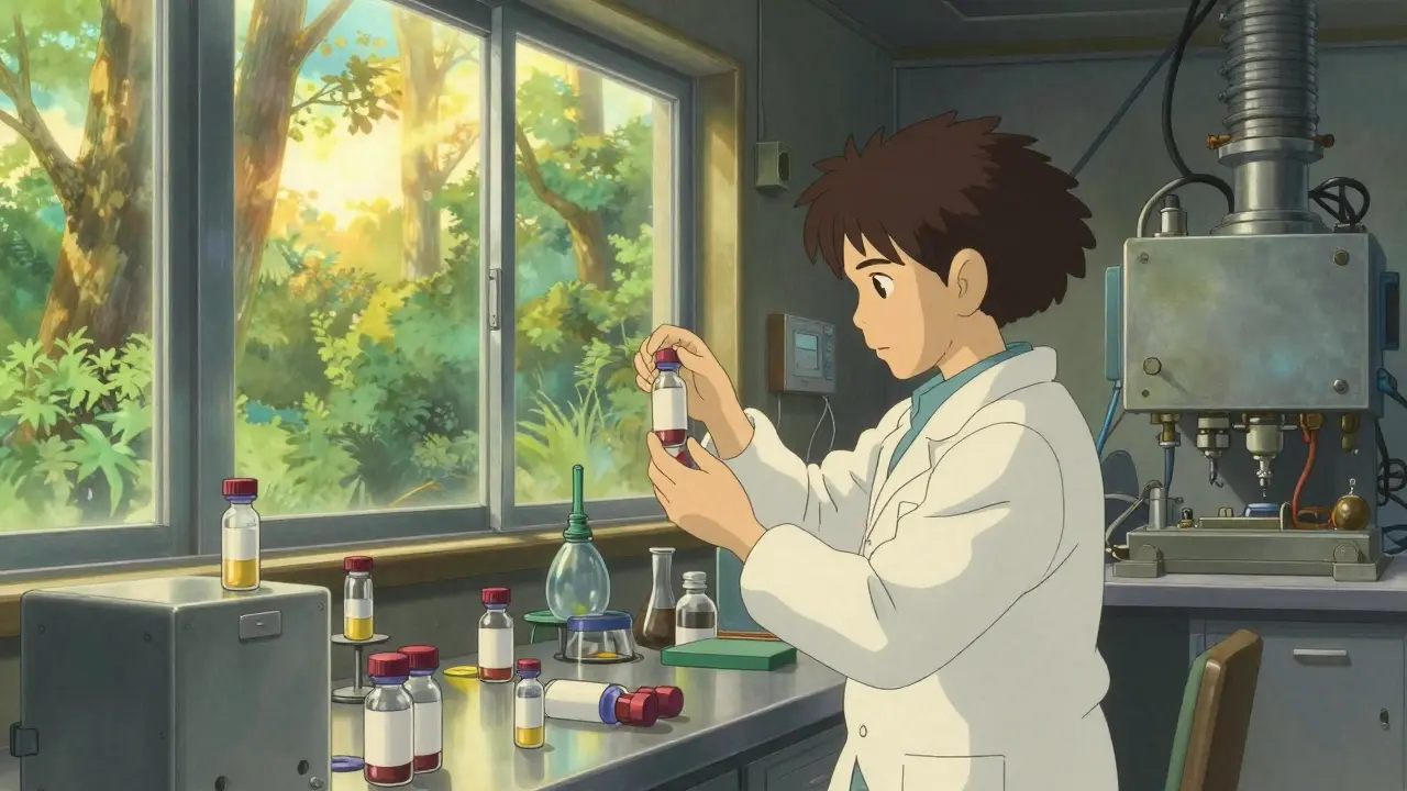 Technicien examine des flacons en salle blanche, fenêtres sur forêt, éclairage doré, détails minutieux.