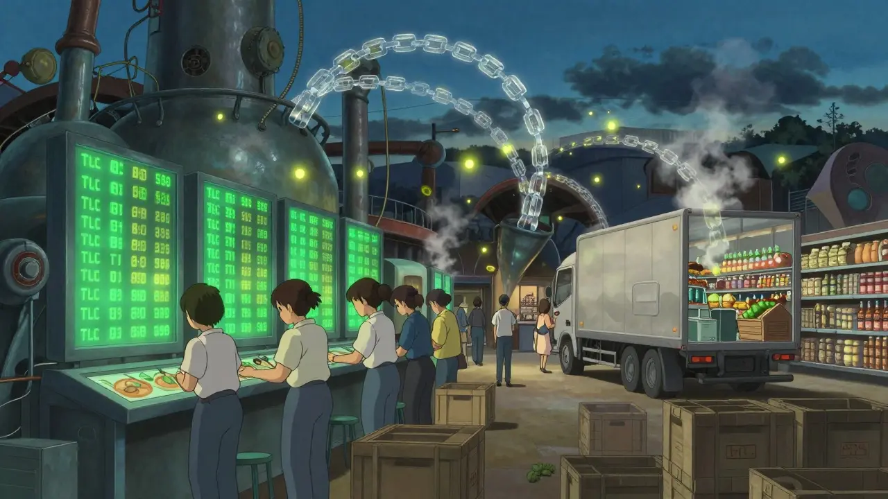 Un atelier de transformation alimentaire où des codes de lot lumineux relient les étapes de la chaîne, dans un style doux et détaillé inspiré de Ghibli.