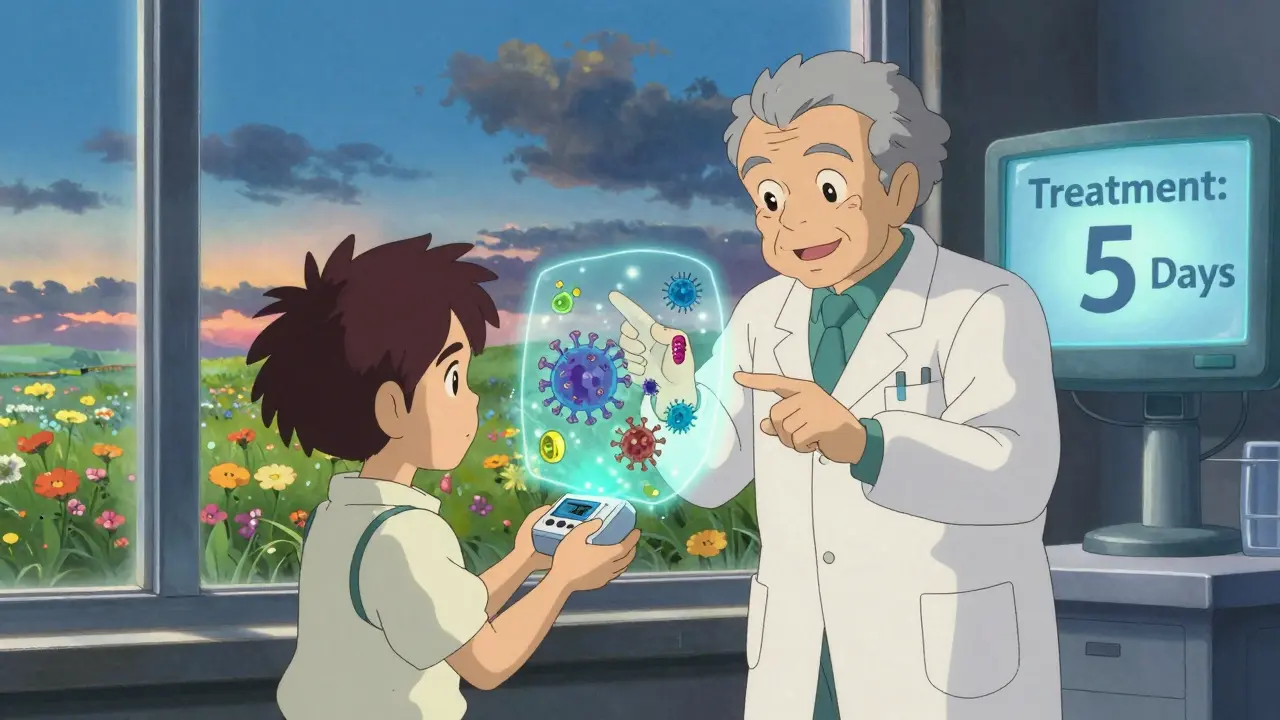 Un enfant utilise un appareil de diagnostic magique dans une clinique future, entouré de fleurs et d’un pharmacien bienveillant.