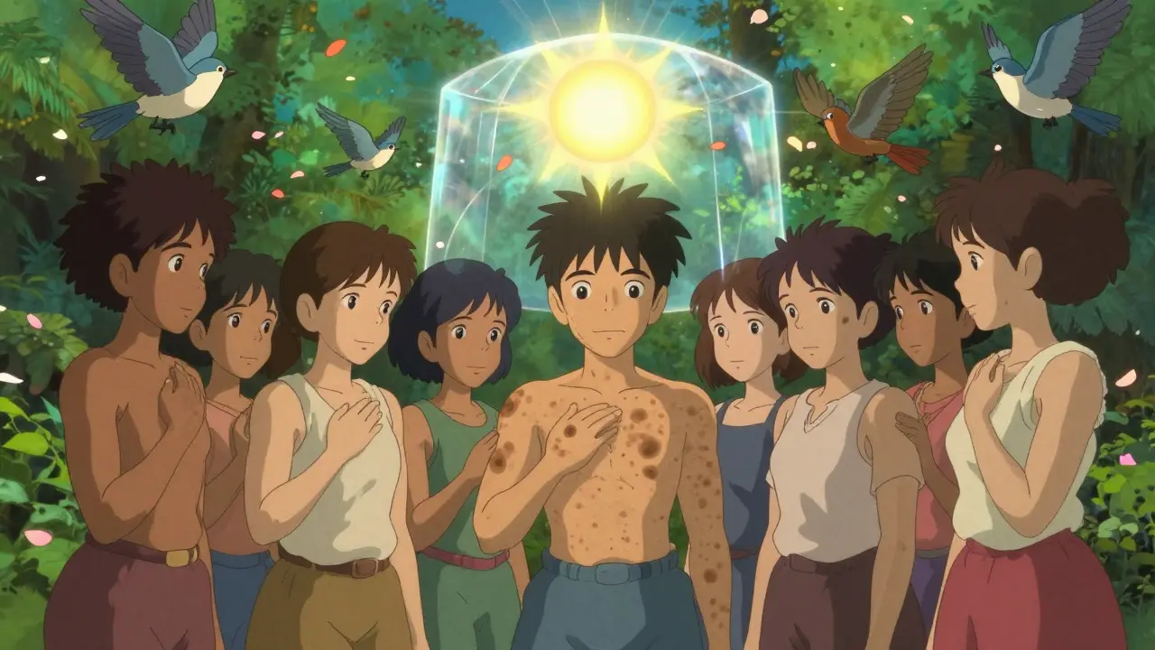 Un groupe de personnes avec peau foncée dans un jardin, protégées par un soleil magique.