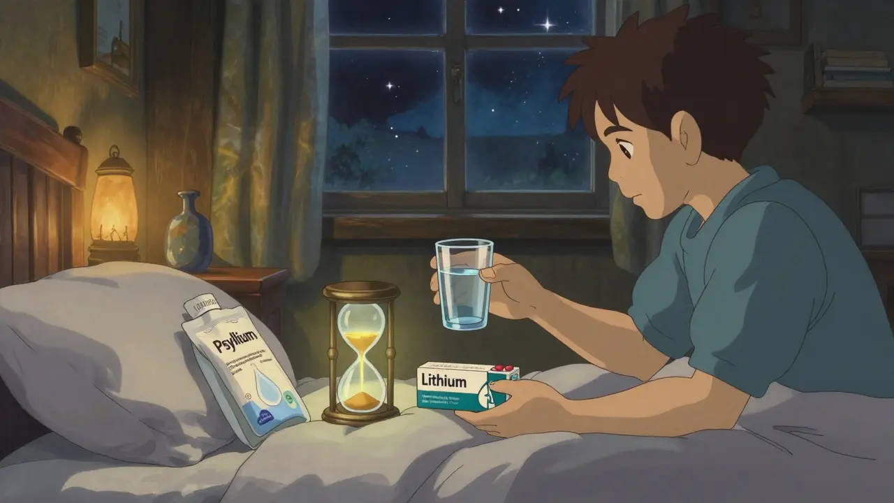 Un homme hésite entre sa pilule et son supplément de fibres, une sablier magique indique 4 heures d'écart.