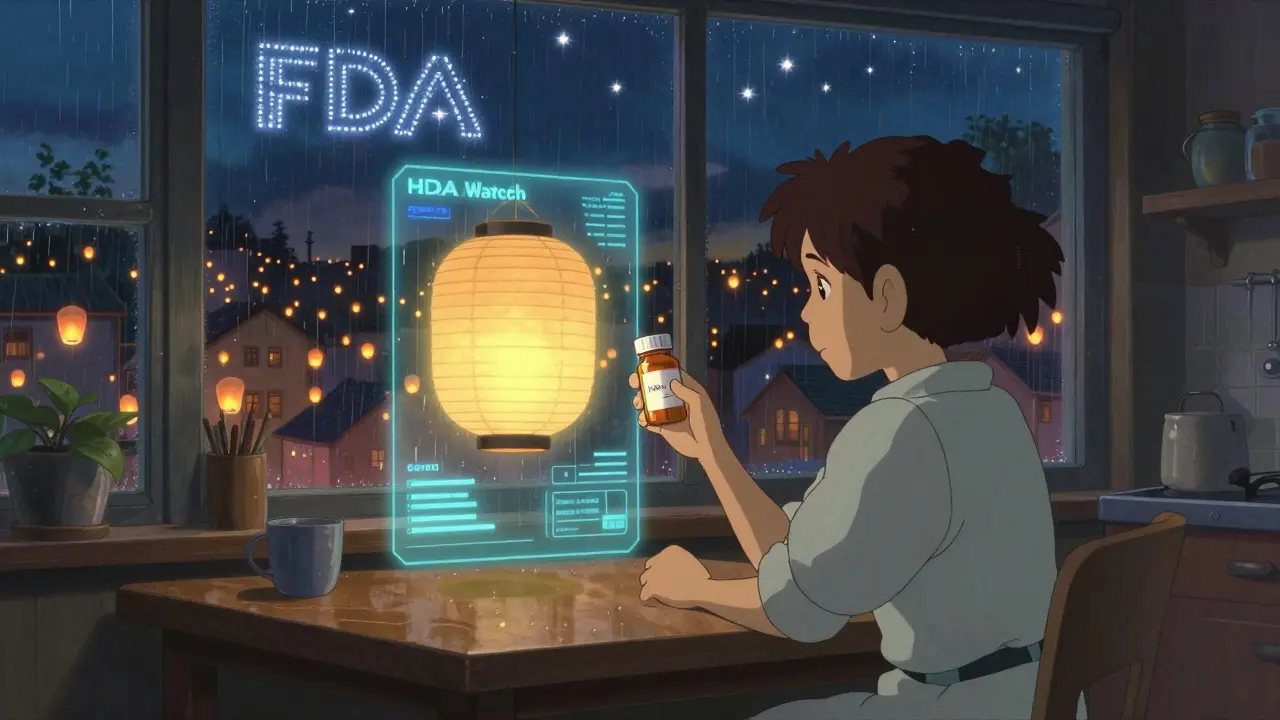 Un patient cliquant sur un portail numérique en forme de lanterne pour signaler un effet indésirable, avec des lanternes flottantes dans le ciel.