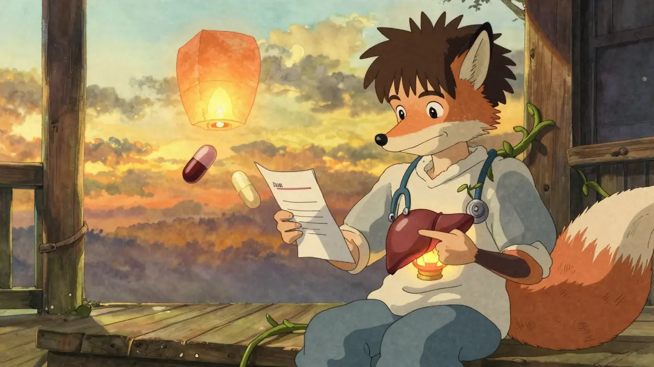 Un patient regarde un rapport sanguin tandis qu'un renard sage montre un foie sain brillant comme une lanterne, deux pilules flottent près d'eux.