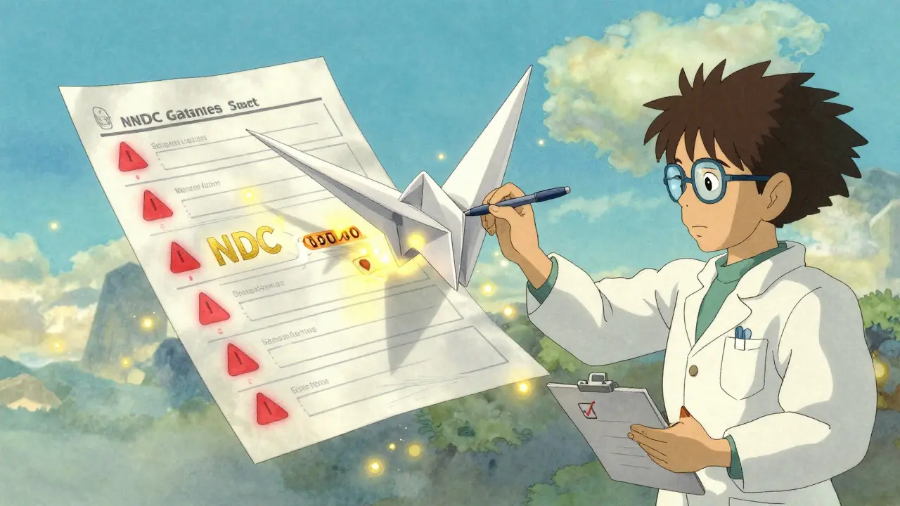 Un pharmacien tente de tracer un code NDC flottant, entouré de données médicales qui se transforment en lucioles dorées.