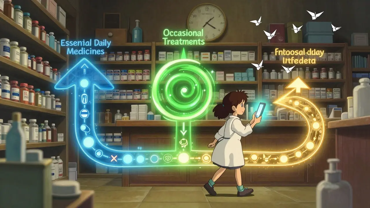 Un schéma animé montre trois types de médicaments en flux lumineux dans une pharmacie française, avec des oiseaux de papier qui transportent des demandes de renouvellement.