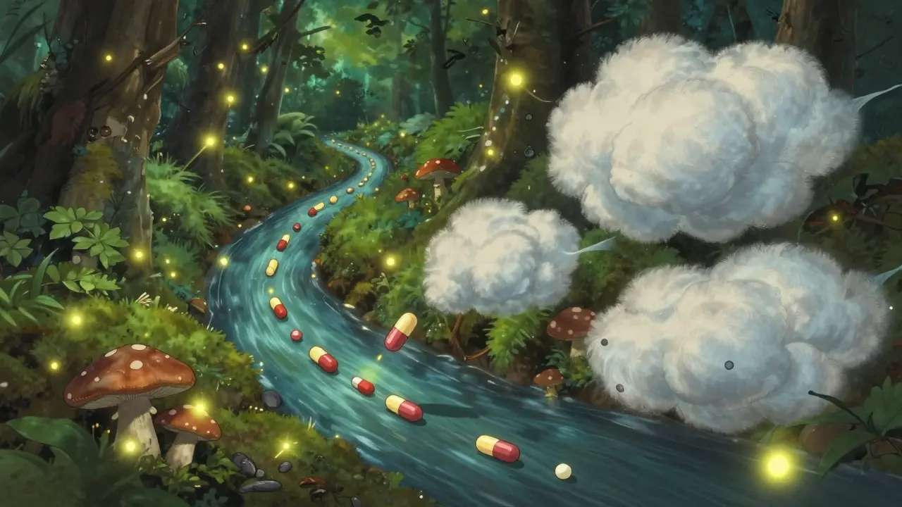 Un système digestif magique où des pilules lumineuses et des nuages de fibres interagissent doucement.