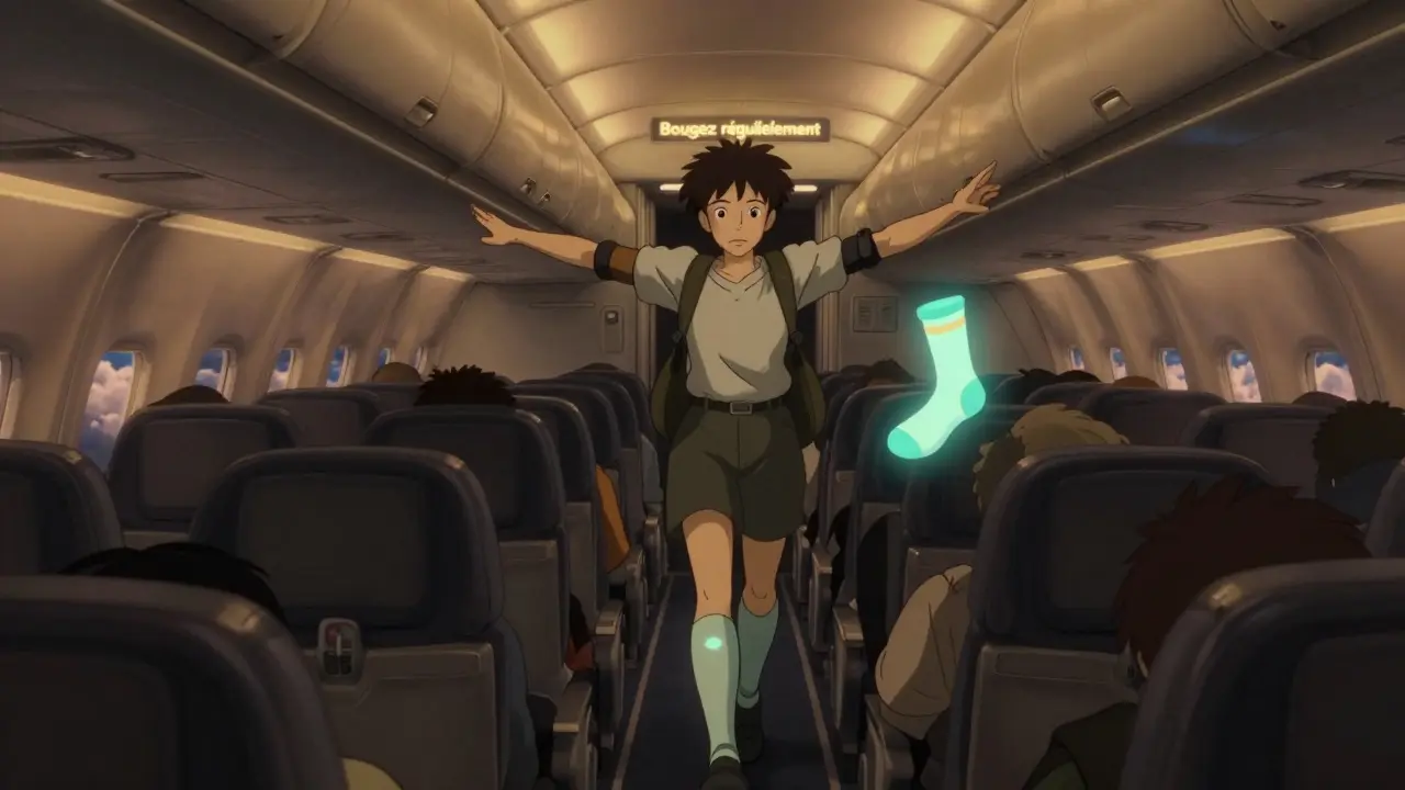 Un voyageur marche dans l'allée d'un avion, entouré de passagers endormis, une lumière douce souligne son mouvement.