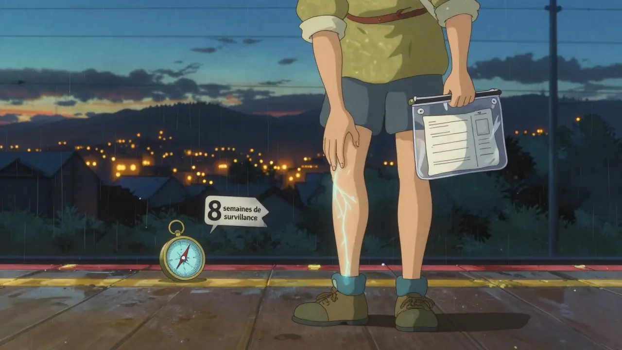 Un voyageur sur un quai de train au crépuscule, pose la main sur sa jambe, une lueur bleue subtile rappelle la vigilance après un voyage.