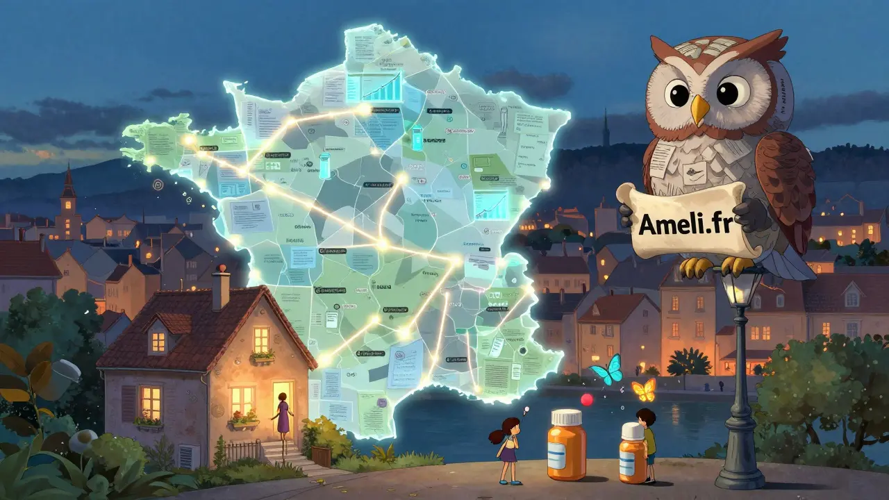 Une carte animée de la France montre des trajectoires de patients vers des pharmacies, avec un hibou en ordonnances et des comprimés qui deviennent des papillons.