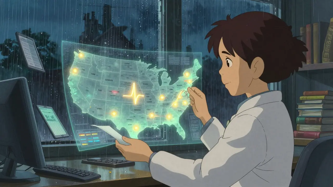 Une enquêtrice de la FDA consulte une carte lumineuse qui trace une épidémie jusqu'à une ferme, dans une ambiance pluvieuse et poétique.