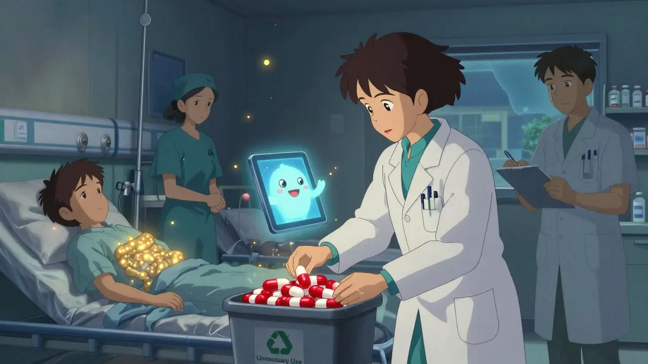 Une équipe médicale recycle des antibiotiques inutiles dans un hôpital apaisant, tandis que les patients dorment en paix.