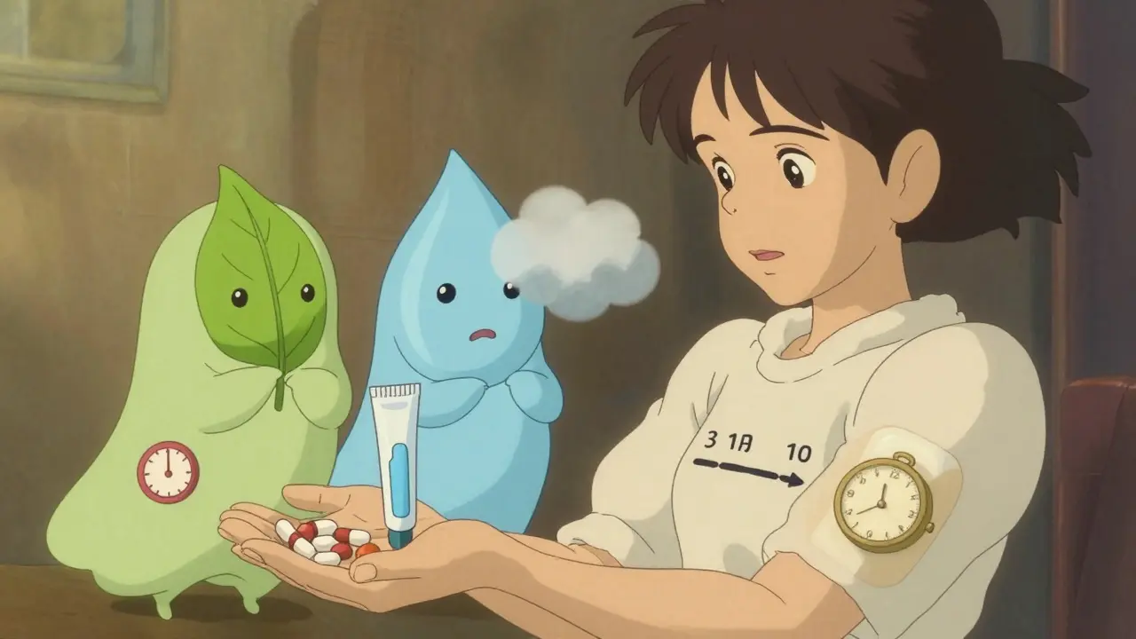 Une femme tenant trois formes de traitement hormonal, accompagnée de guides animés qui expliquent leurs différences.