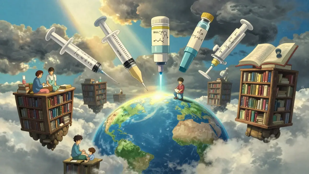 Bibliothèque flottante où les médicaments se transforment en dispositifs de livraison, délivrant soins et espoir à la terre.