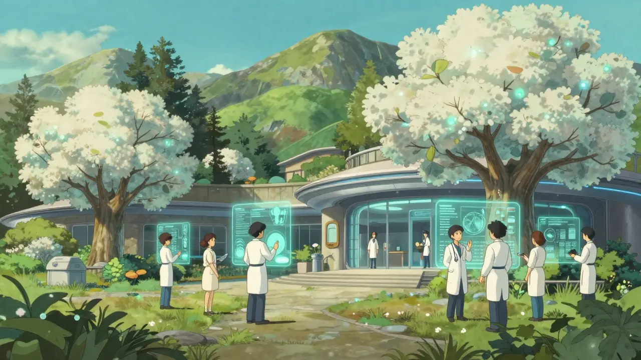 Centre médical futuriste harmonieux avec technologie et nature intégrées.