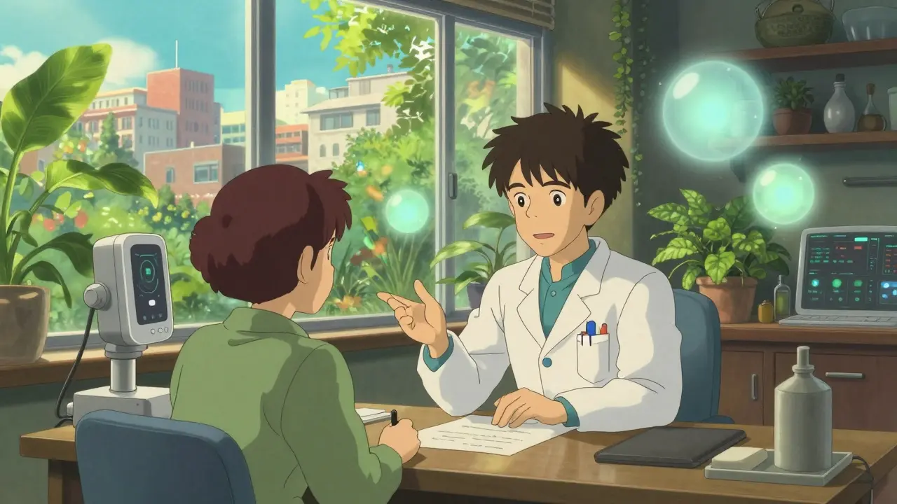 Consultation médicale optimiste dans un cadre naturel et technologique doux.