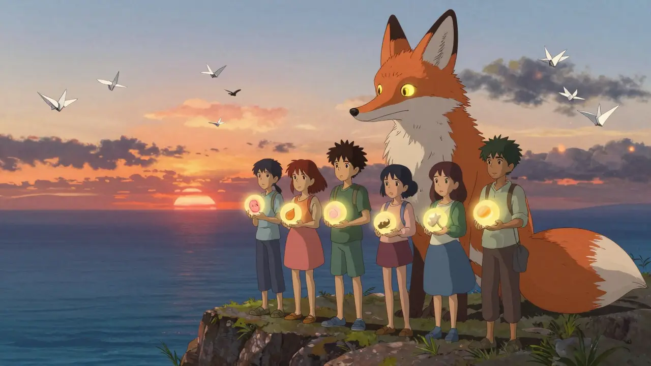 Des jeunes debout sur une falaise au coucher du soleil, tenant des orbites lumineuses symbolisant leur choix de préservation de la fertilité.