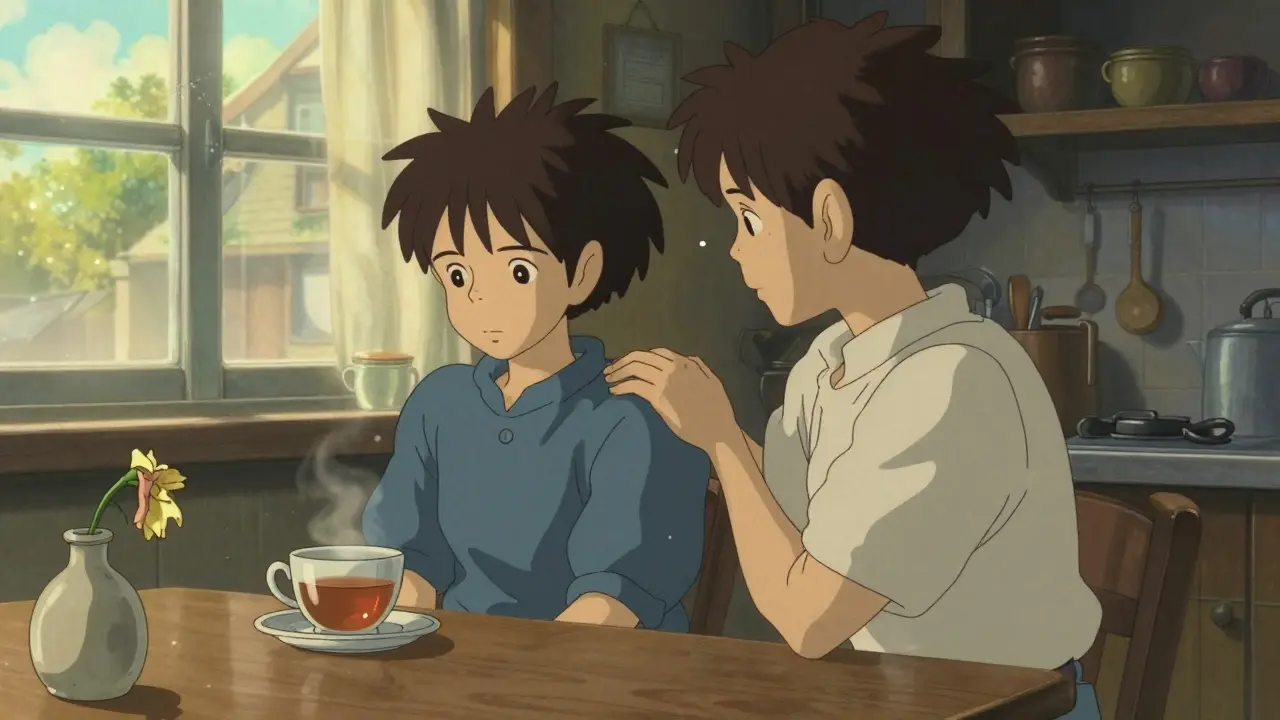 Deux personnes dans une cuisine, l'une enveloppée d'ombre, l'autre offrant un soutien silencieux près d'une tasse de thé.