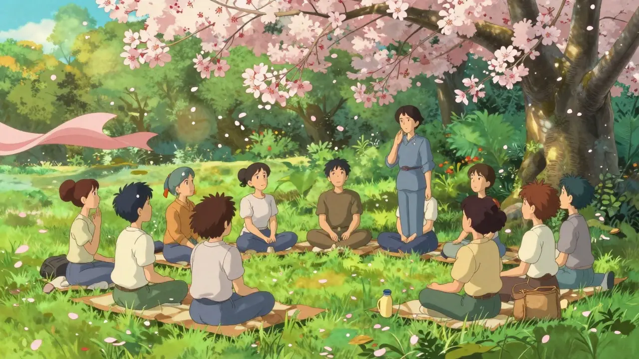 Groupe en rééducation respiratoire assis dans un jardin fleuri aux couleurs vives et lumineuses.