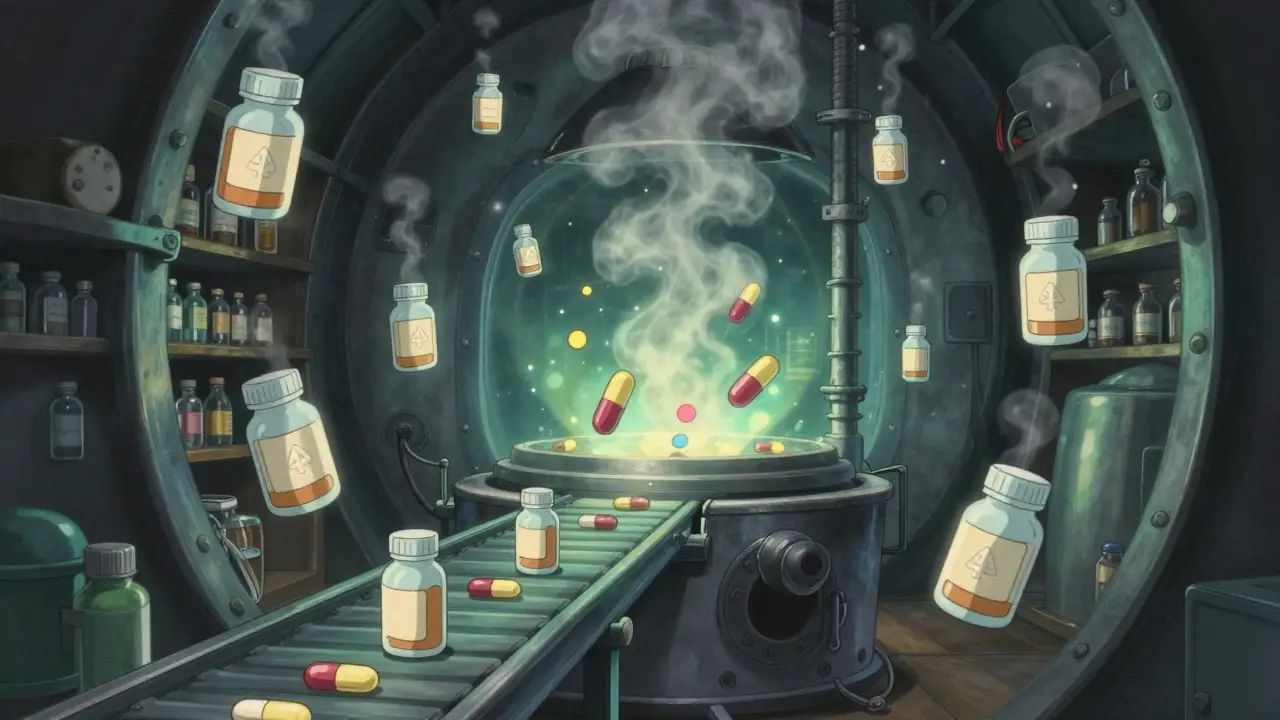 Médicaments transformés en cendres douces dans une installation secrète, entourés de particules lumineuses.