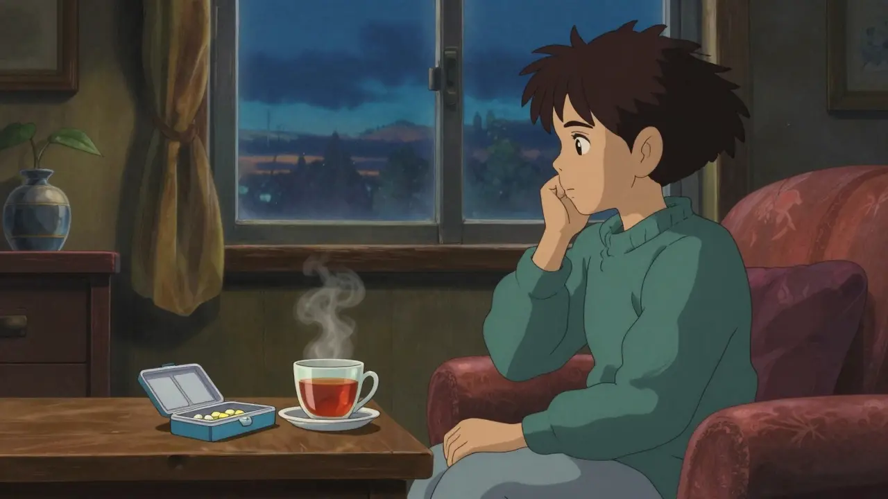 Patient pensif avec une tasse de thé et un médicament sur une table.