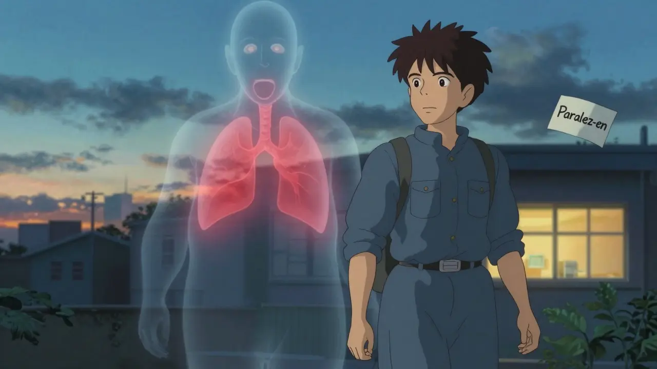 Patient rentrant chez soi après chimiothérapie, tandis qu'une ombre menaçante de réaction retardée apparaît derrière lui, sous un ciel crépusculaire.