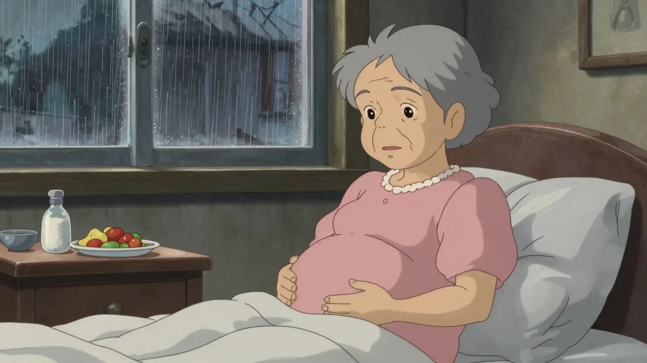 Personne malade ressentant une gêne abdominale dans un intérieur paisible.