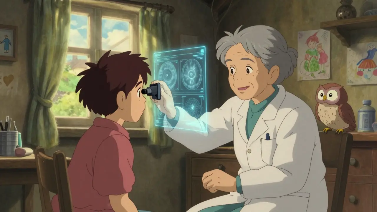 Un médecin utilisant un smartphone pour scanner l’œil d’un patient dans une clinique rurale française, avec une image numérique flottante.