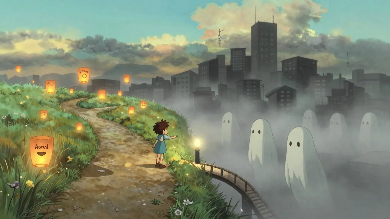 Un paysage symbolique : un sentier lumineux vers des lanternes flottantes, contrastant avec une brume grise et des silhouettes désespérées.