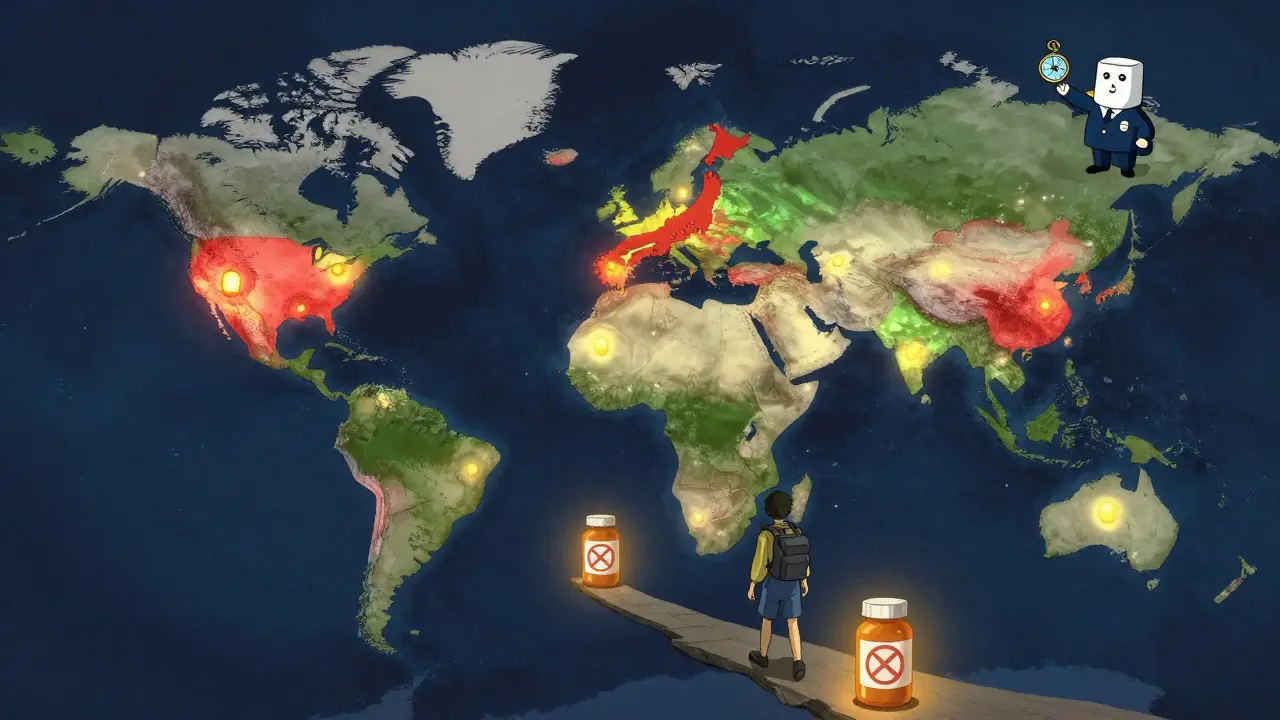 Une carte du monde magique montre les pays où les médicaments sont restreints, guidée par un esprit bienveillant.