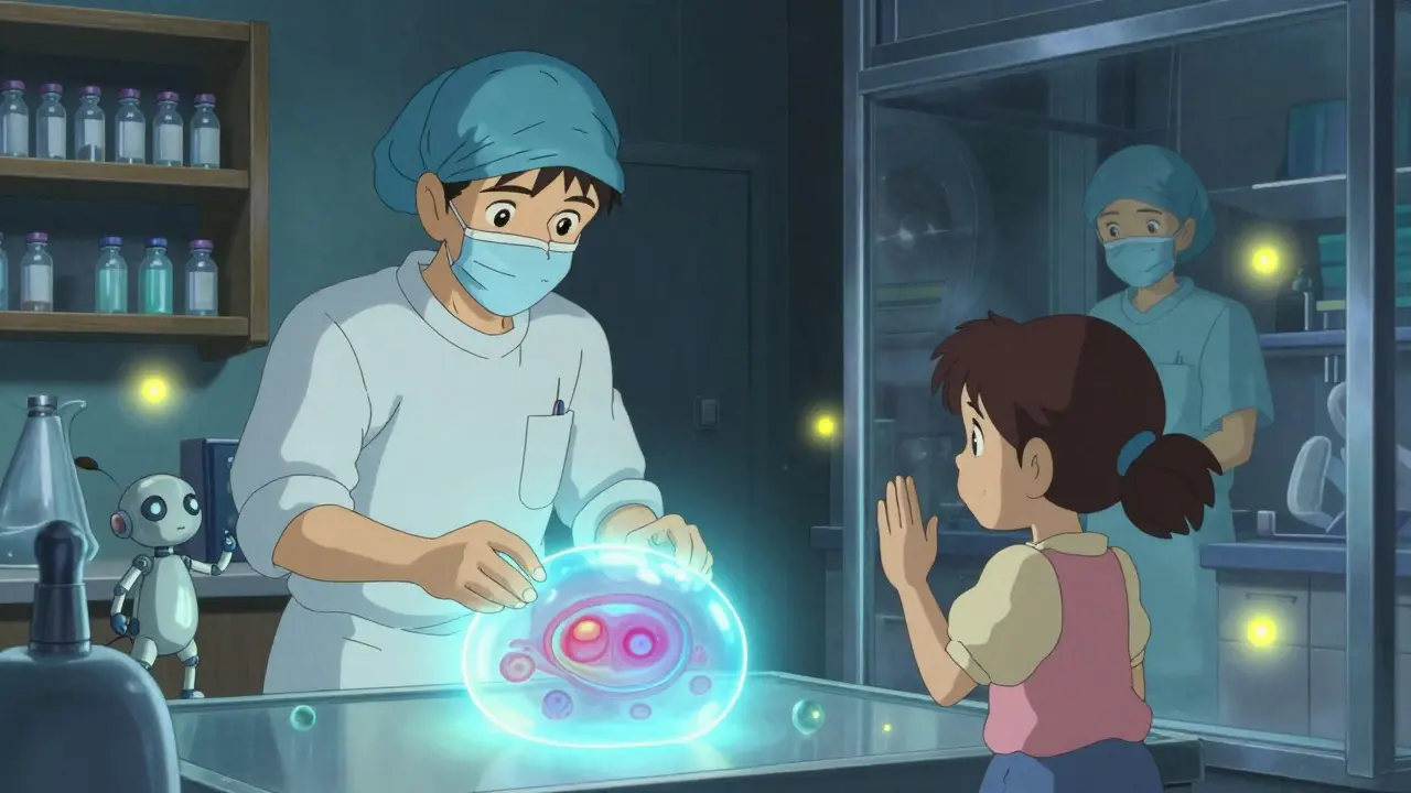 Une équipe médicale travaille dans un laboratoire lumineux, manipulant un tissu ovarien congélé, avec une jeune fille observant derrière une vitre.