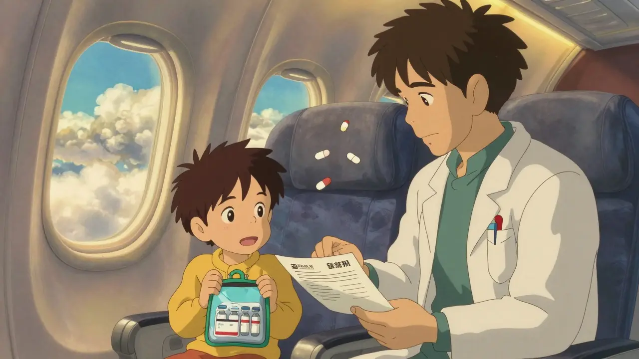 Une famille embarque à bord d'un avion avec des médicaments essentiels, entourée d'une lumière douce et d'une atmosphère apaisante.