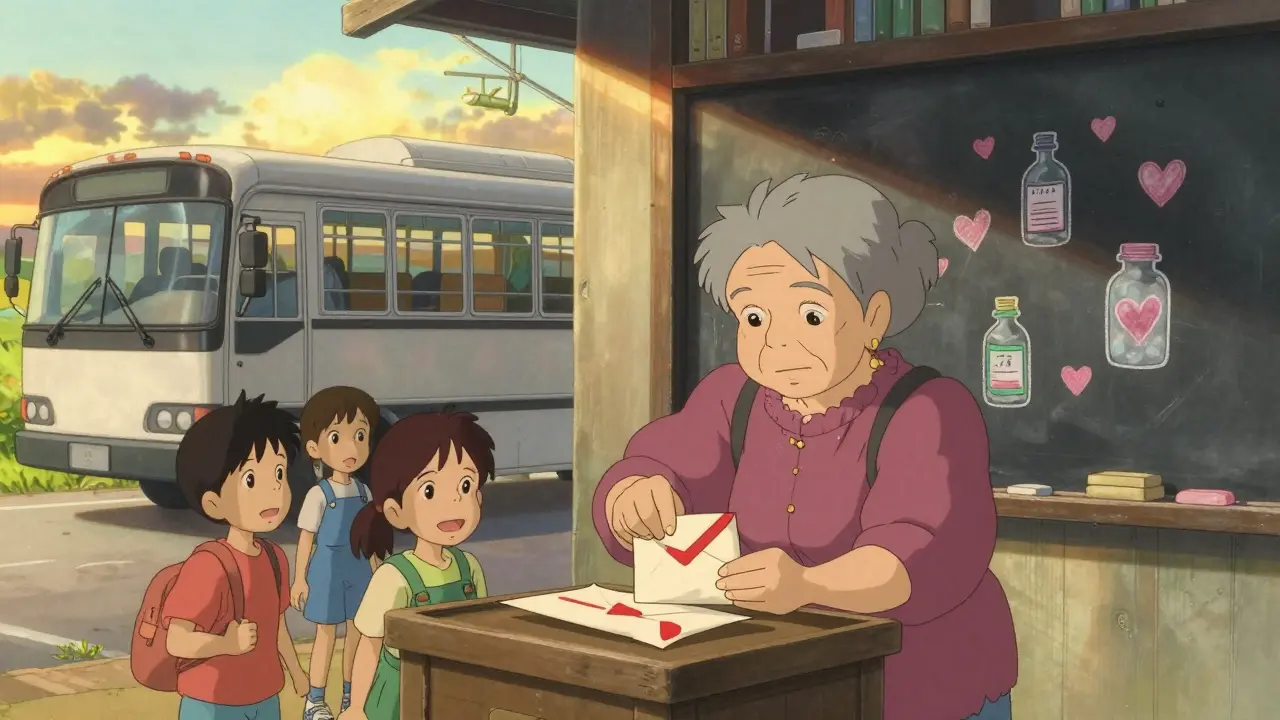 Une femme âgée dépose une enveloppe de retrait dans une bibliothèque, des enfants dessinent autour d'elle.