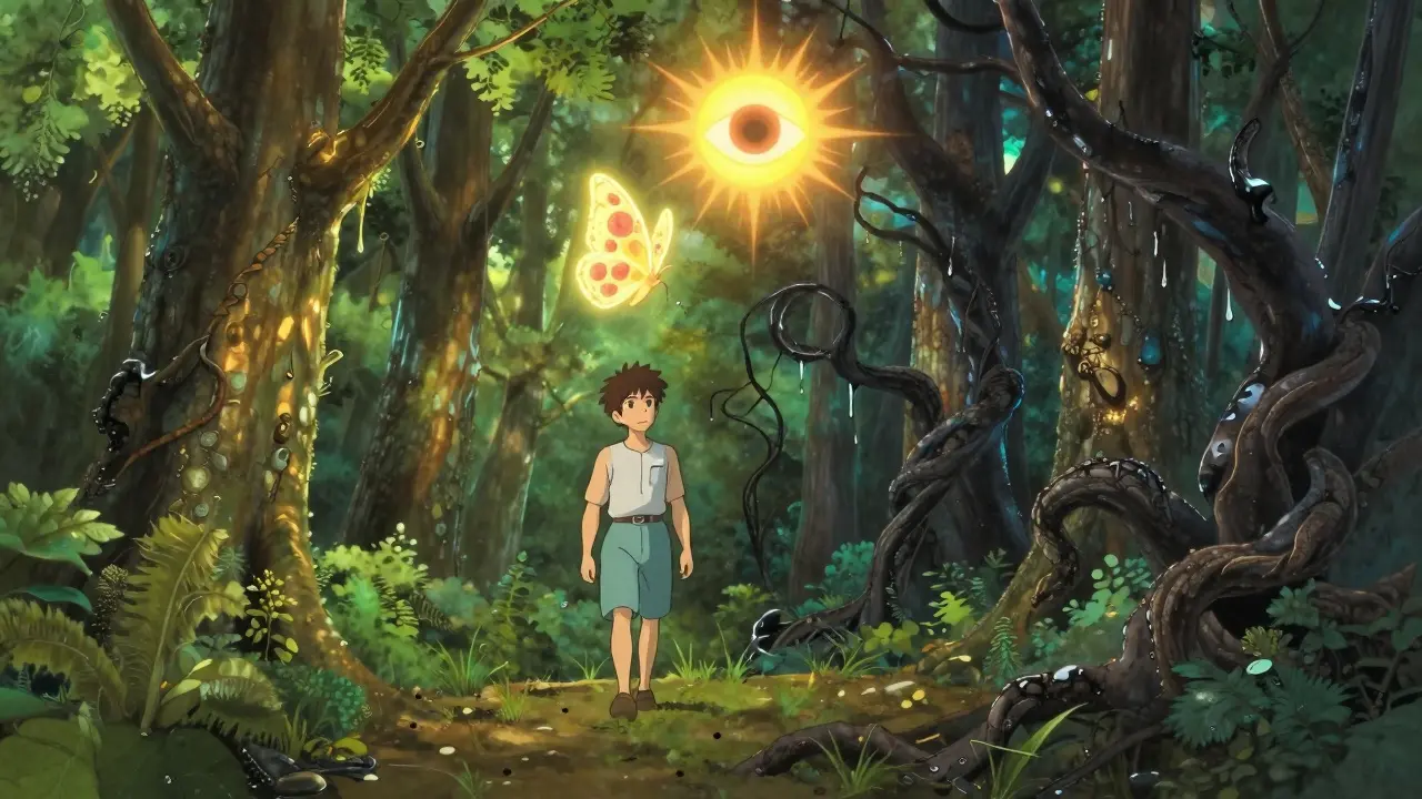 Une forêt en deux parties symbolisant le diabète bien contrôlé versus mal contrôlé, avec un papillon rétinien volant au-dessus.