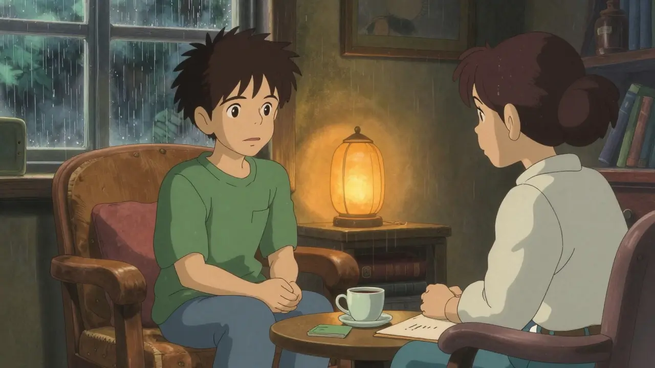 Une personne discute doucement avec un thérapeute dans une pièce chaleureuse, une tasse de thé et un journal sur la table.