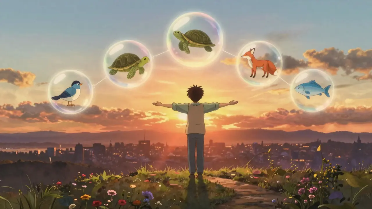 Une personne sur une colline au coucher du soleil, entourée d'orbes flottants représentant des formes de guérison : médication, méditation, mouvement et connexion.