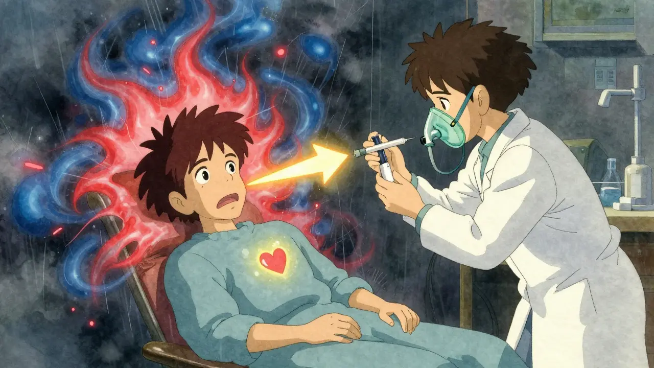 Urgence médicale pendant la chimiothérapie : un patient en anaphylaxie avec une injection d'épinéphrine, entouré d'énergie tumultueuse et d'un cœur qui clignote.