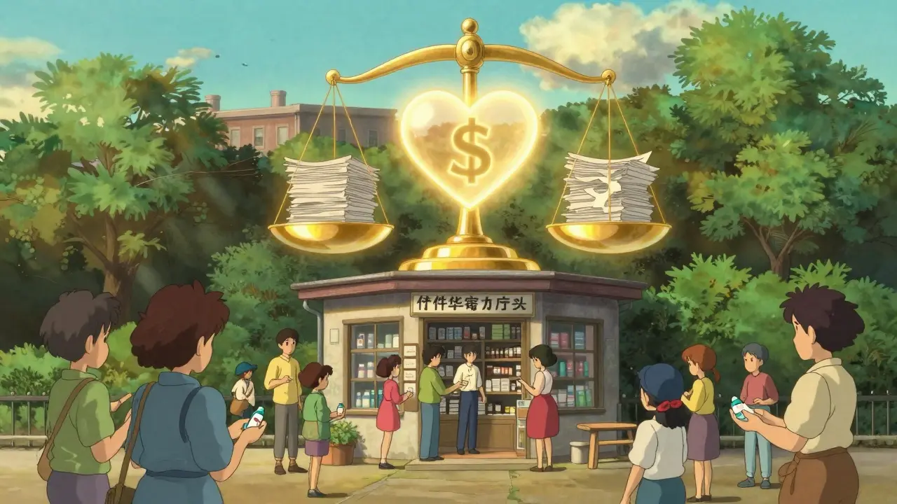 Citoyens heureux devant une pharmacie avec une balance symbolisant les économies de santé.