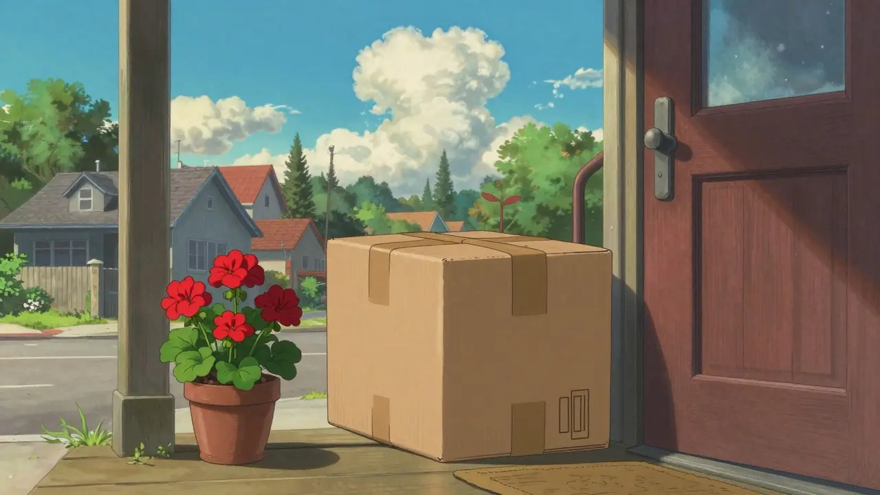 Colis de pharmacie livré devant une porte d'entrée sous un ciel d'été