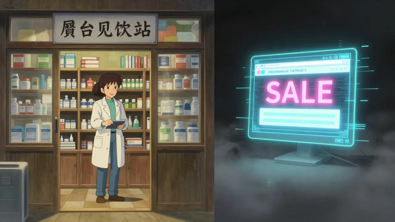 Comparaison style Ghibli entre une pharmacie légale et un site internet frauduleux.