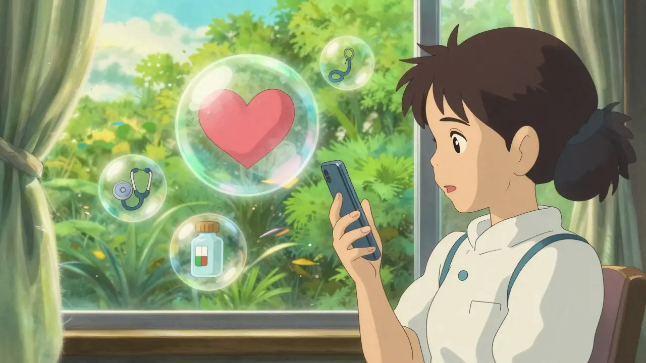 Consultation médicale en ligne représentée de manière poétique et colorée