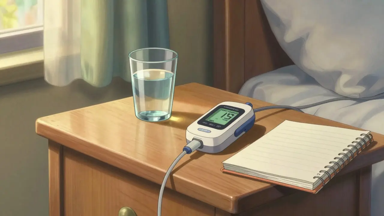 Dispositifs de surveillance du glucose et pompe à insuline sur une table de chevet.